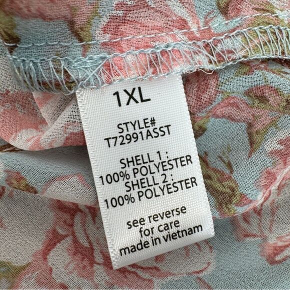 Active USA Sheer Floral Chiffon Tie Front Crop Blouse Blue Pink 1XL Puff Sleeve - Picture 12 of 15